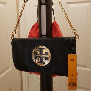 Tory Burch Black with Gold Reva Clutch Leather Shoulder Clutch